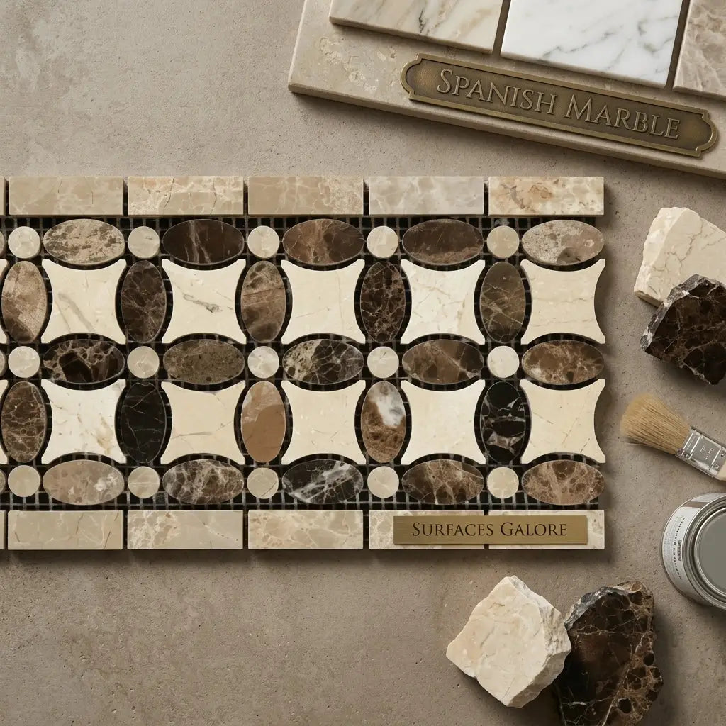 Elegant crema marfil marble mosaic tile panel with repeating floral pattern in beige brown and black polished tones