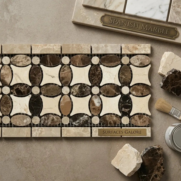 Elegant crema marfil marble mosaic tile panel with repeating floral pattern in beige brown and black polished tones