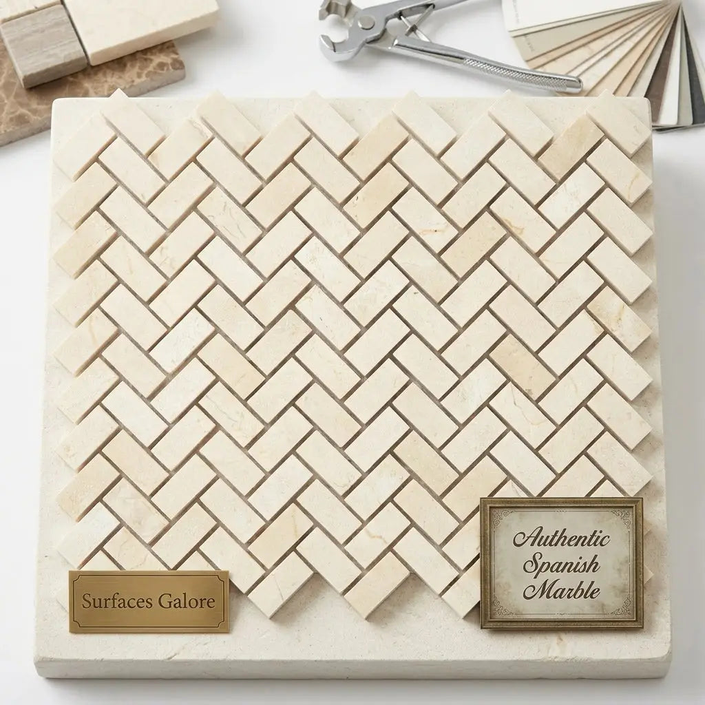 Beige herringbone patterned crema marfil marble mosaic tile sample polished or honed for interior design use