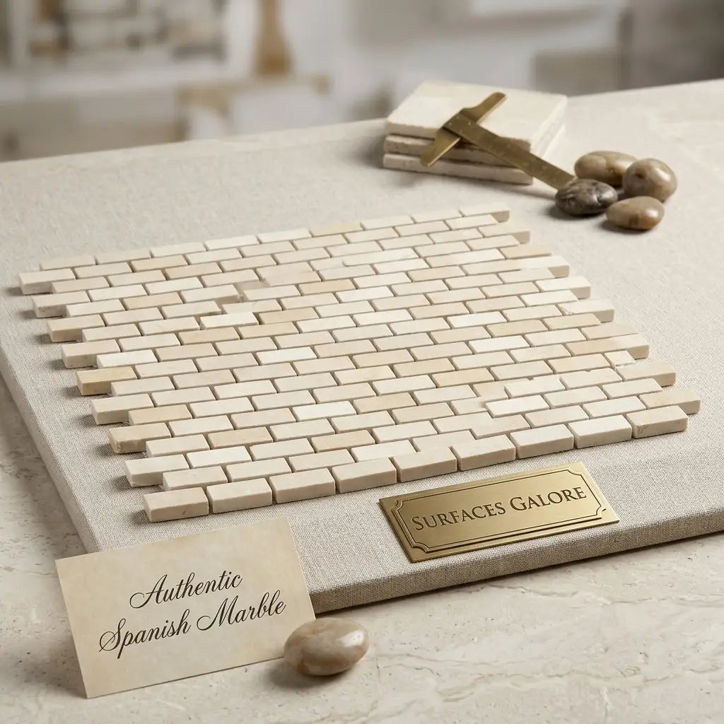 Beige crema marfil marble mini-brick mosaic tile in polished or honed finish on textured fabric backing with labels