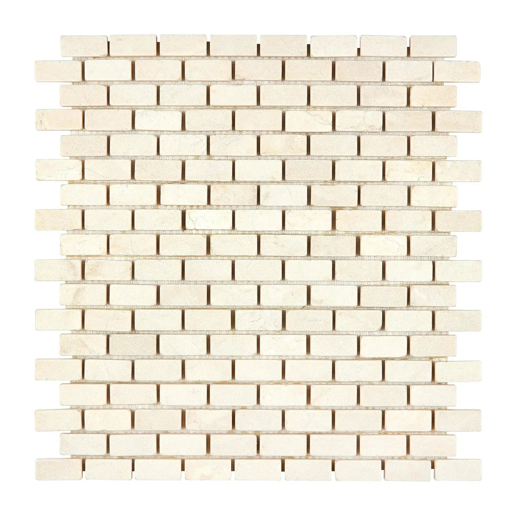 Beige brick mosaic tile in Crema Marfil Marble 5/8X1 1/4 Mini-Brick Mosaic Tumbled
