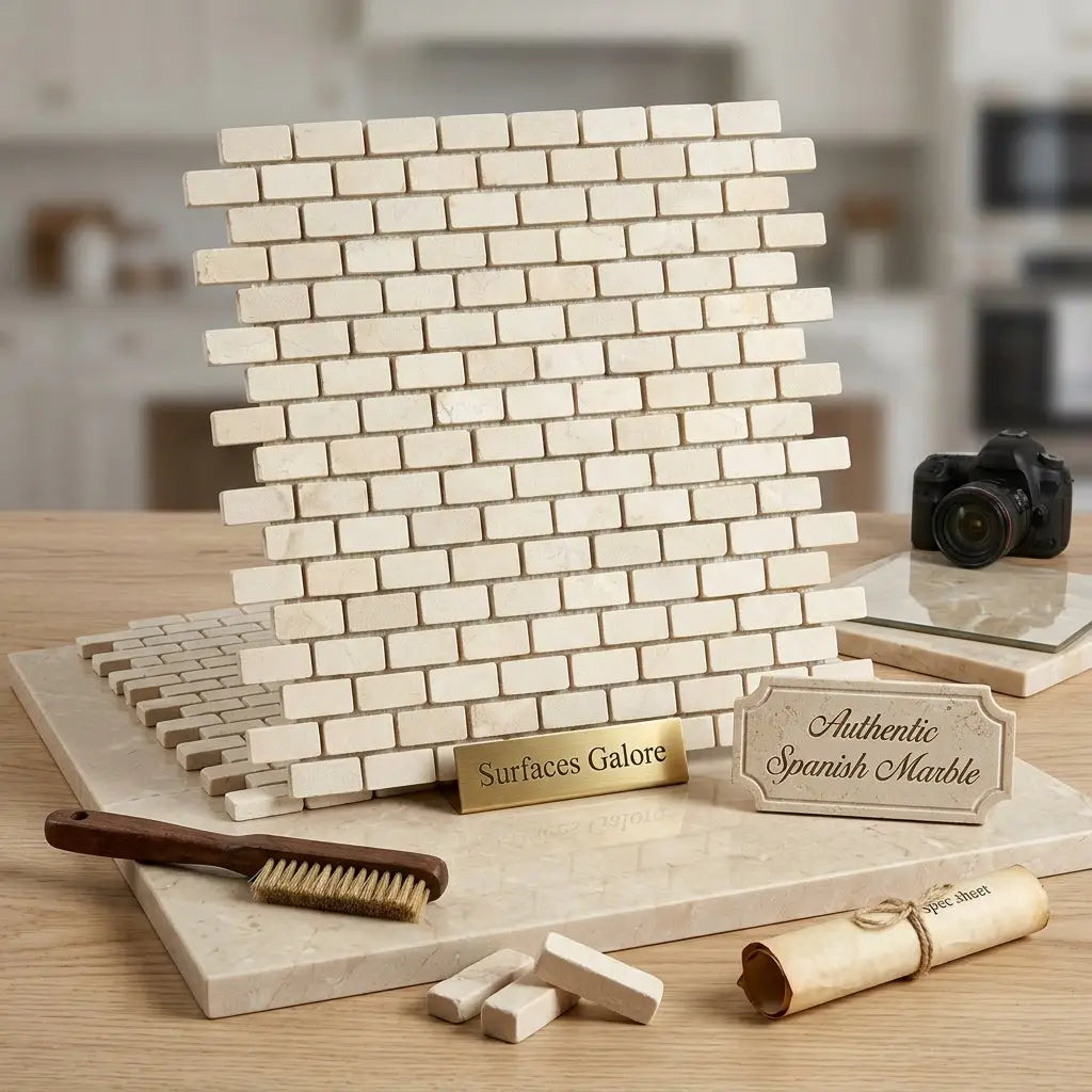A beige crema marfil marble 5/8x1 1/4 mini-brick mosaic tumbled tile panel with cleaning brush and sample pieces