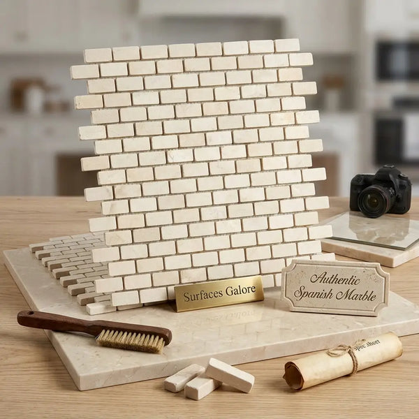 A beige crema marfil marble 5/8x1 1/4 mini-brick mosaic tumbled tile panel with cleaning brush and sample pieces
