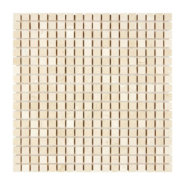 Beige square mosaic tiles in Crema Marfil Marble 5/8x5/8 polished or honed finish