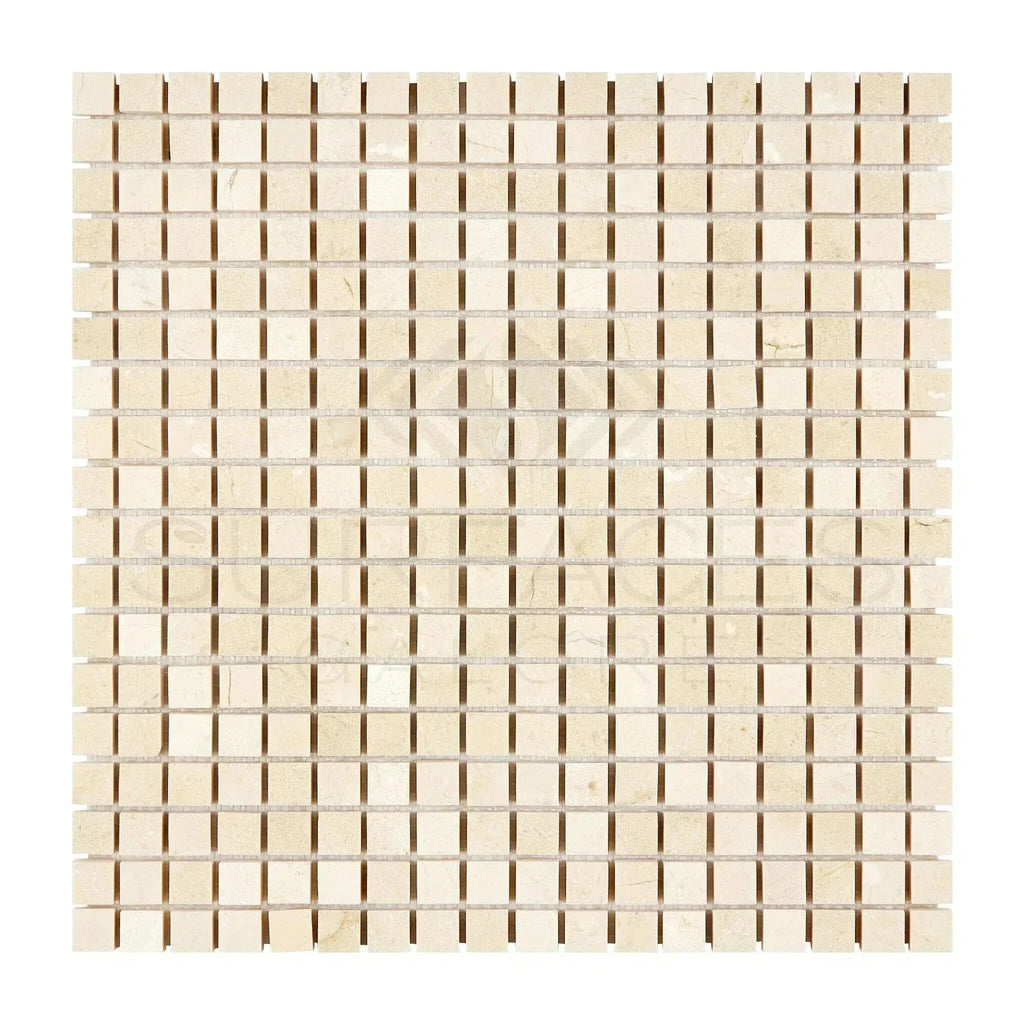 Square mosaic tile sheet of Crema Marfil Marble 5/8X5/8 in polished or honed finish