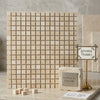 Beige crema marfil marble 5/8x5/8 mosaic tile panel with a polished finish for elegant interior use