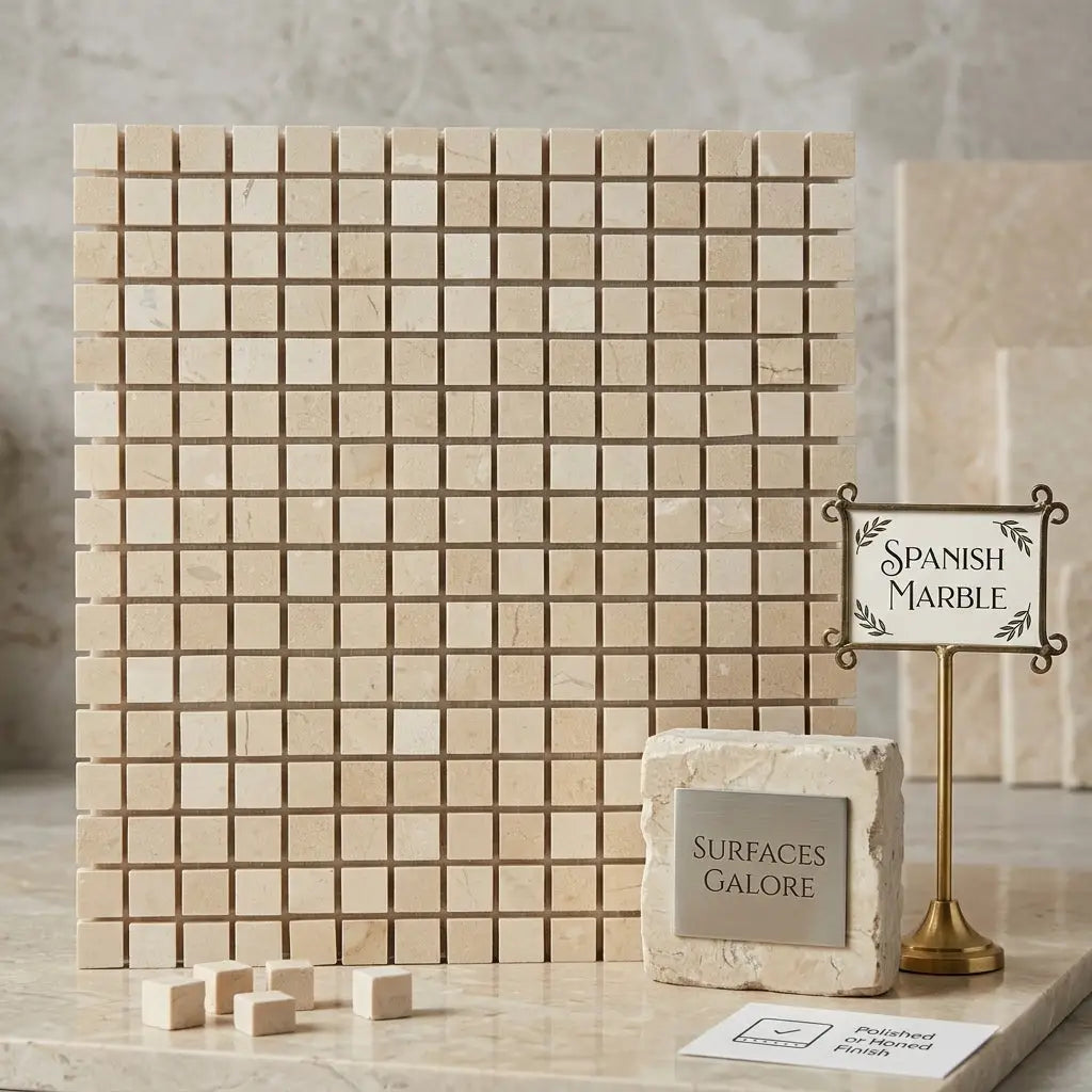 Beige crema marfil marble 5/8x5/8 mosaic tile panel with a polished finish for elegant interior use