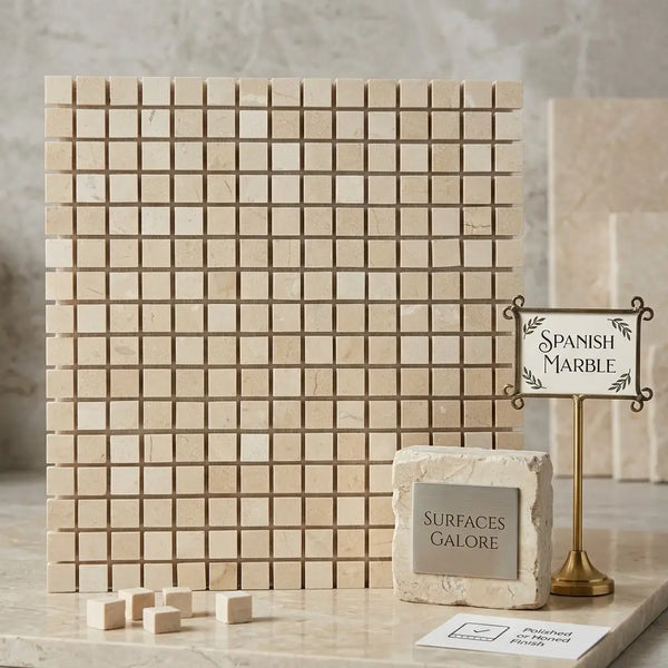 Beige crema marfil marble 5/8x5/8 mosaic tile panel with a polished finish for elegant interior use