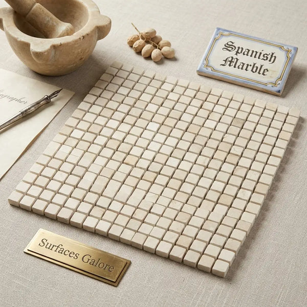 Beige crema marfil marble mosaic tile with subtle veining and uniform 5/8x5/8 square tumbled design