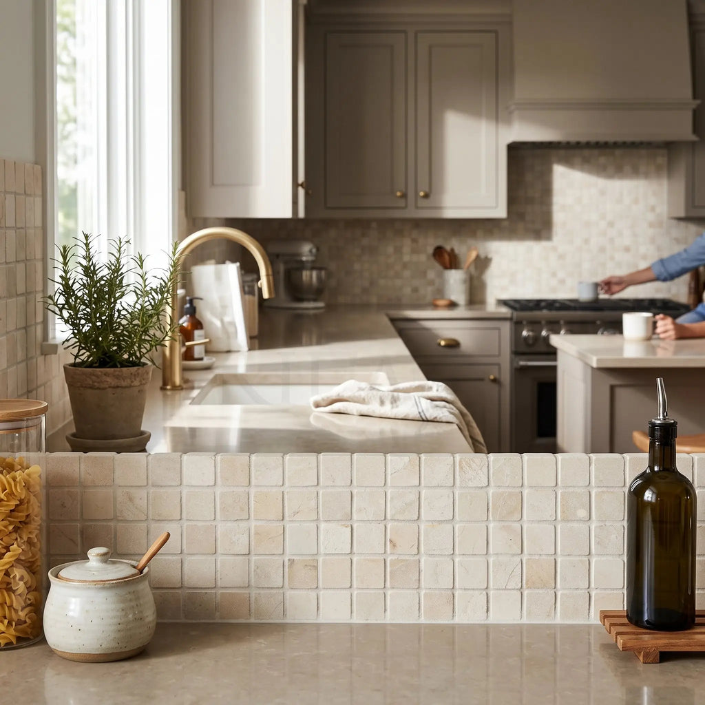 Beige crema marfil marble 5/8x5/8 mosaic tumbled tile backsplash with subtle marble veining for elegant wall decor
