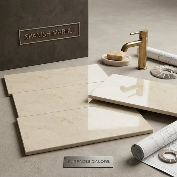 Cream-colored polished Crema Marfil marble tiles with subtle veining in 6x12 size for elegant flooring or walls