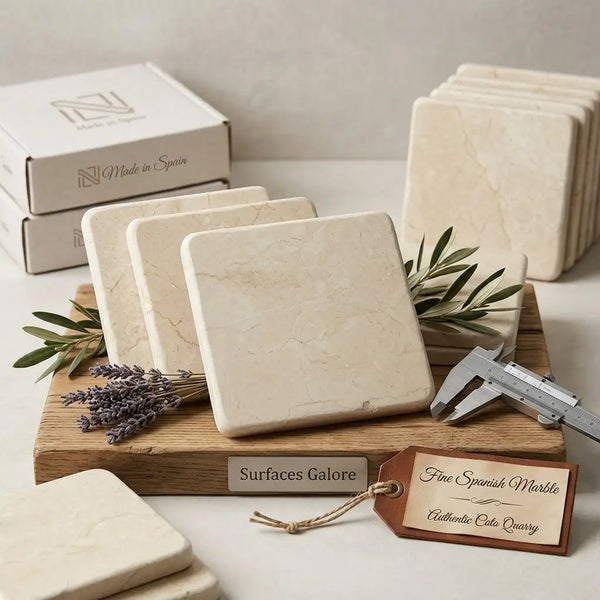 Cream-colored 6x6 tumbled square coasters made of fine Spanish marble with subtle veining displayed on a wooden board