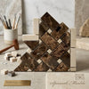 Brown and beige crema marfil marble mosaic tile with herringbone basketweave pattern and dark dot border polished surface