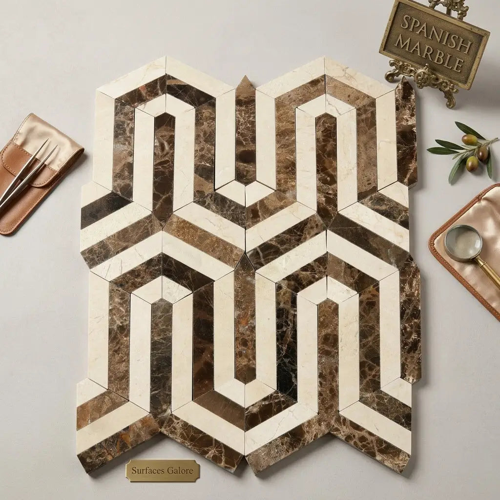 Geometric mosaic tile panel of crema marfil marble with interlocking hexagonal pattern in brown and creamy white