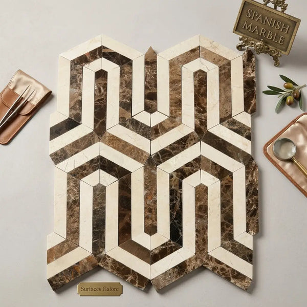 Geometric mosaic tile panel of crema marfil marble with interlocking hexagonal pattern in brown and creamy white