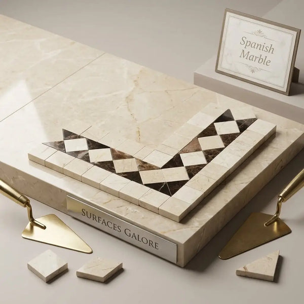 A geometrically patterned Crema Marfil marble bias border corner inlaid with cream and dark brown spanish marble polished tiles