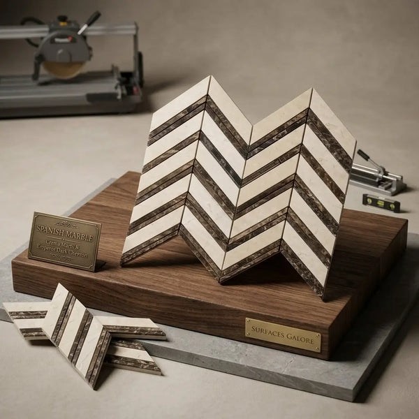 Crema marfil marble chevron large mosaic tile in cream and dark brown tones displayed on a wooden base
