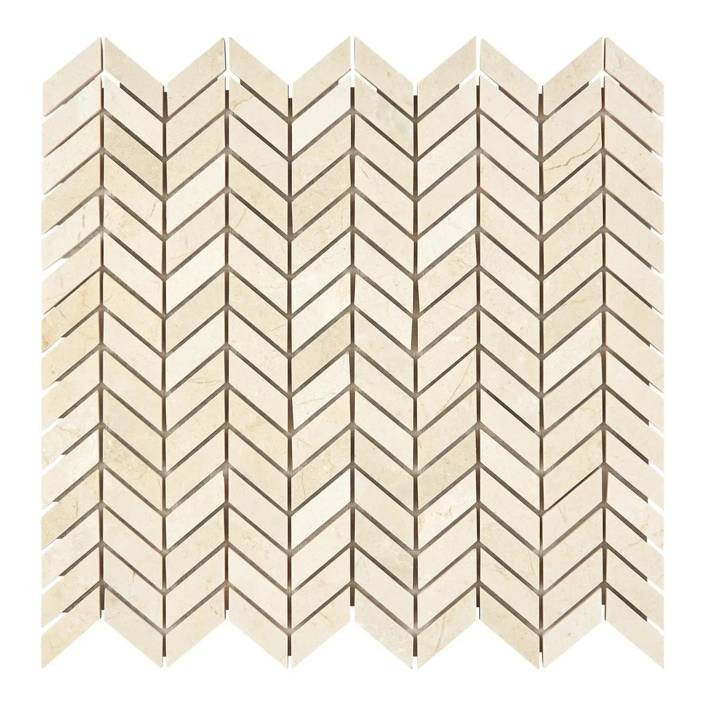 Beige Chevron Mosaic Tile in Crema Marfil Marble Chevron Mini Polished or Honed Design