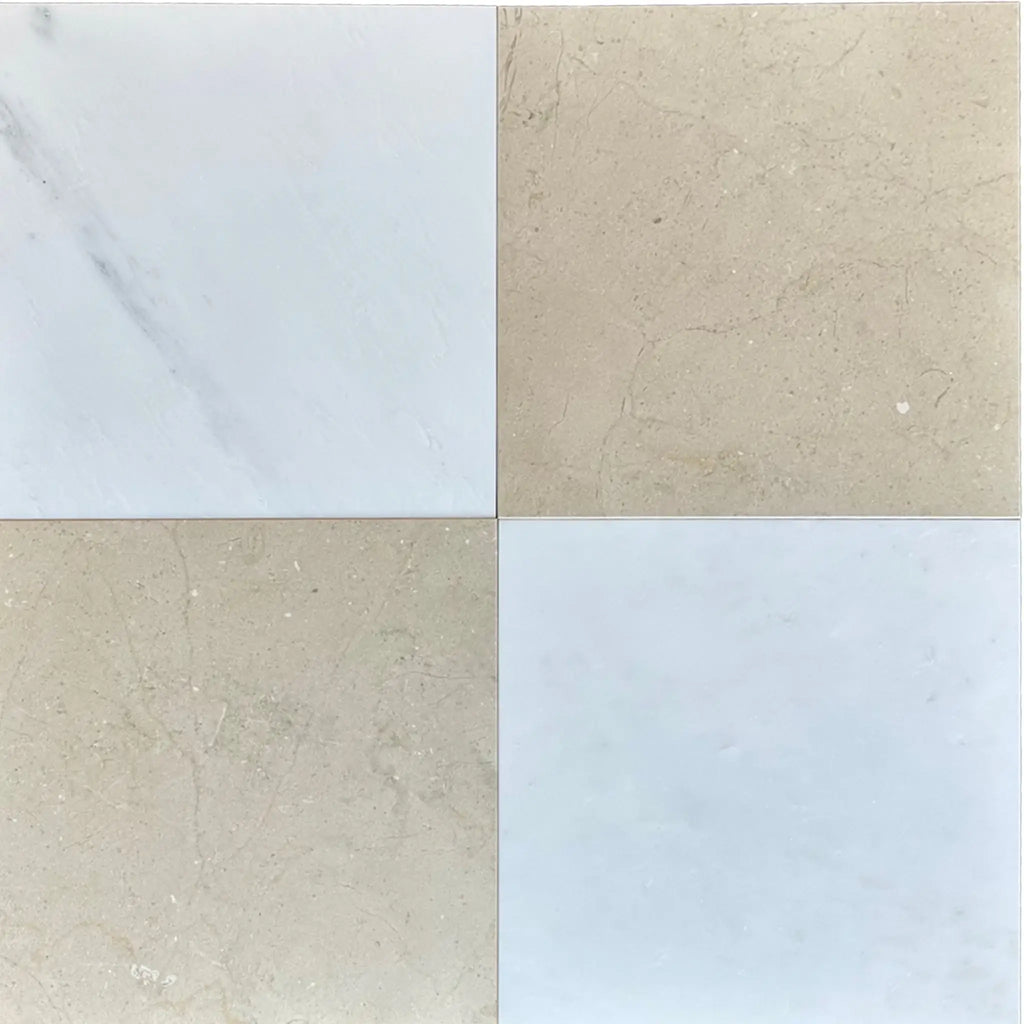 Four square Crema Marfil Marble Chevron Mini Mosaic tiles in polished finish