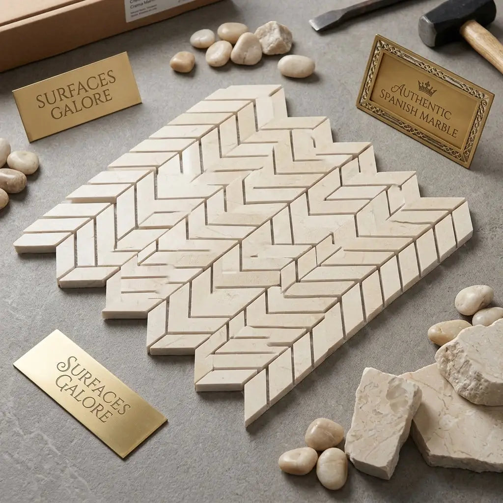 Crema marfil marble chevron mini mosaic tile set in polished beige spanish marble with herringbone pattern