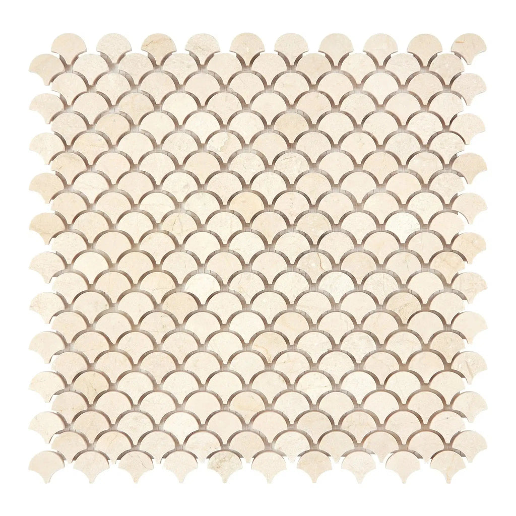 Beige scallop tile mosaic of Crema Marfil Marble FAN polished or honed finish