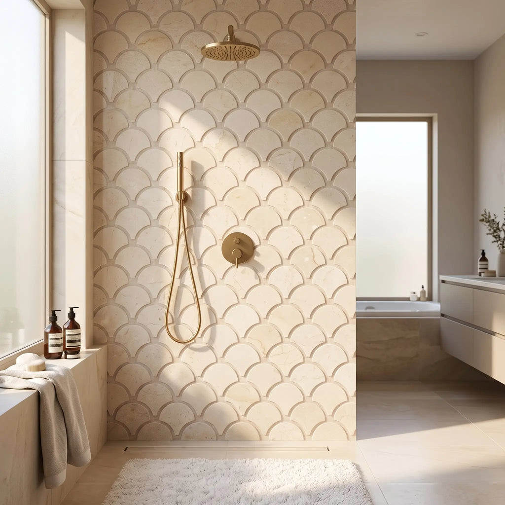 Gold-toned showerhead with sleek modern design mounted on crema marfil marble fan scalloped tile mosaic wall