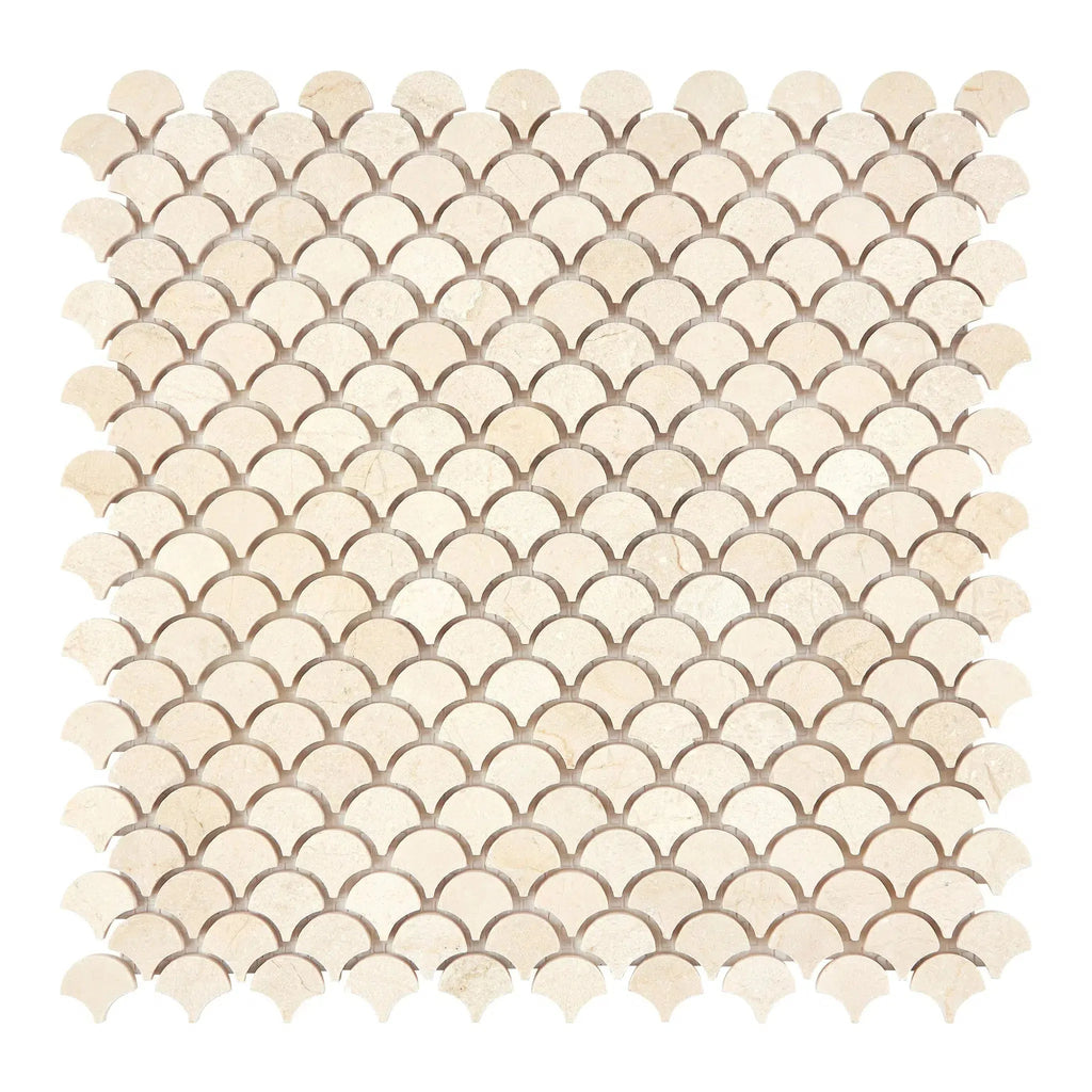 Beige scallop tile mosaic of Crema Marfil Marble FAN polished or honed finish
