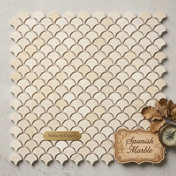 Beige crema marfil marble fan raindrop mosaic tile with scalloped fish scale pattern polished or honed finish