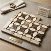 Beige and brown oval-shaped mosaic tile panel with floral pattern made from authentic Spanish crema marfil marble polished finish