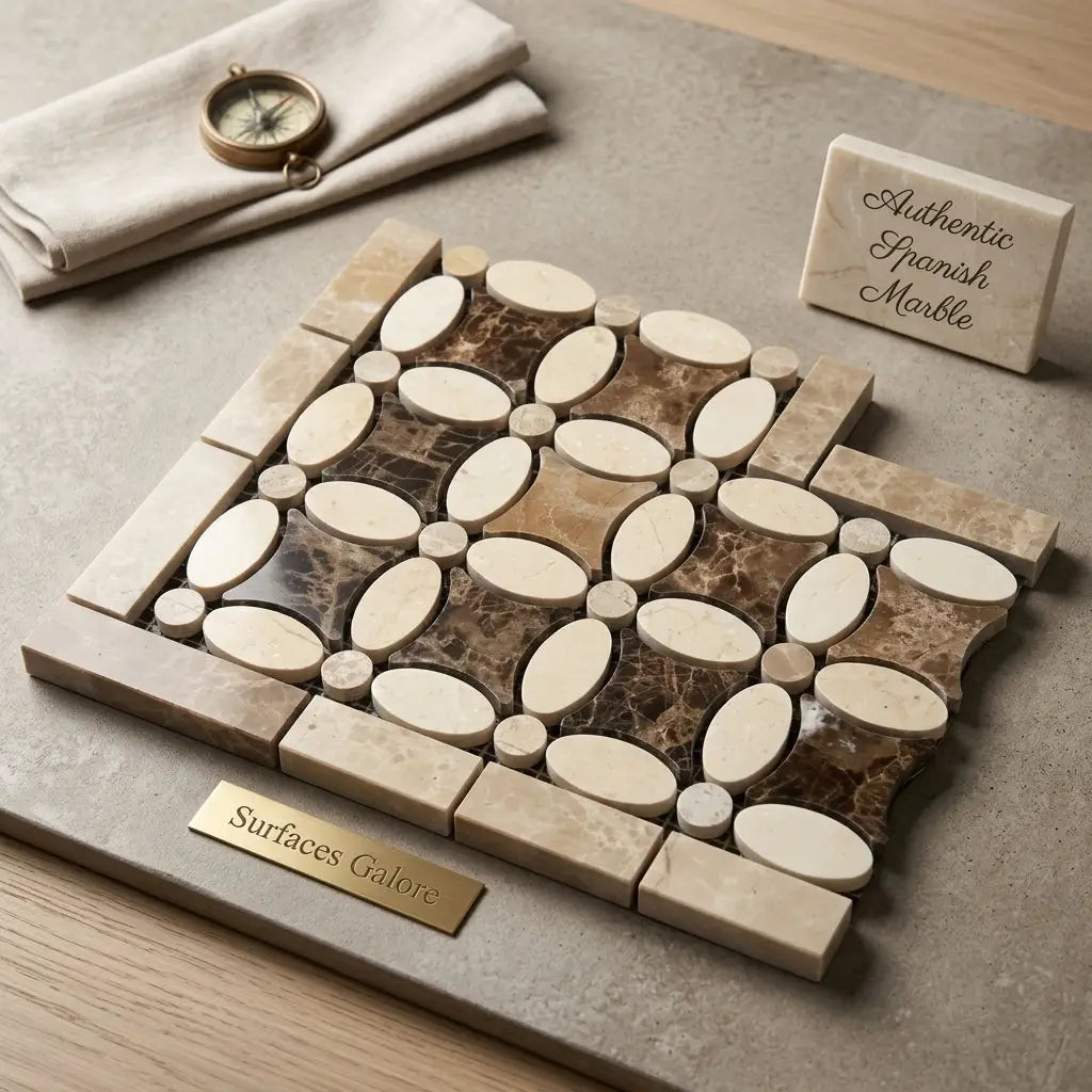Beige and brown oval-shaped mosaic tile panel with floral pattern made from authentic Spanish crema marfil marble polished finish