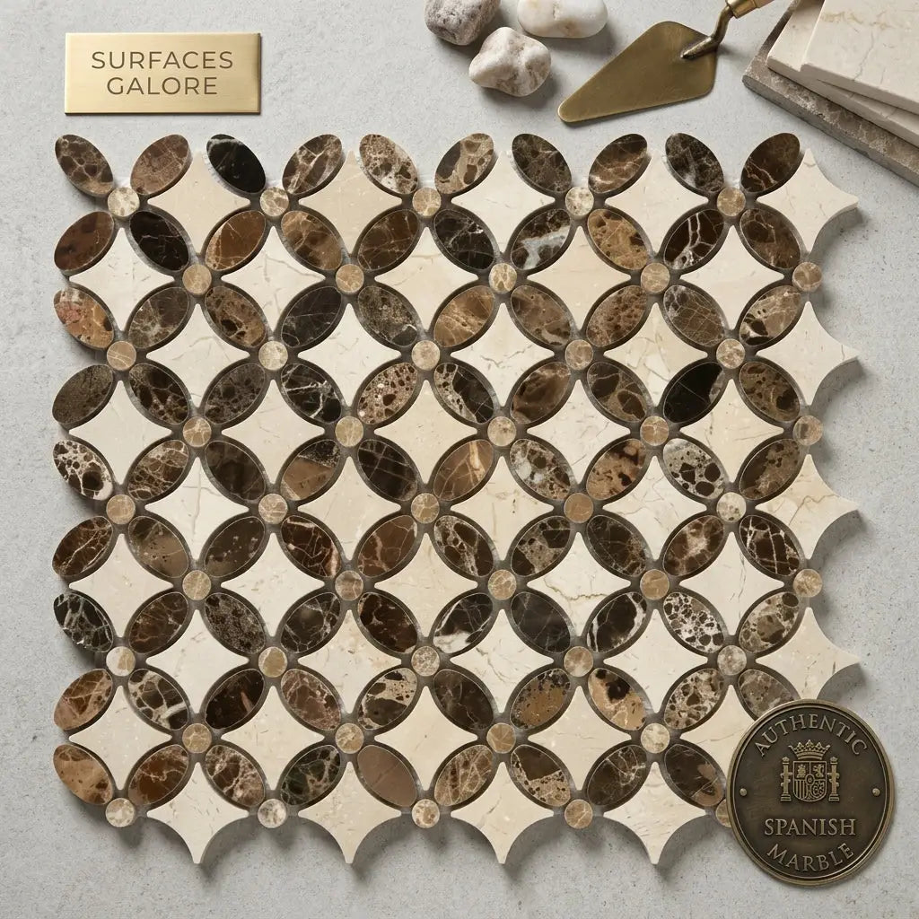 Elegant crema marfil marble tile panel with interlocking oval and diamond shapes in warm brown and creamy beige tones