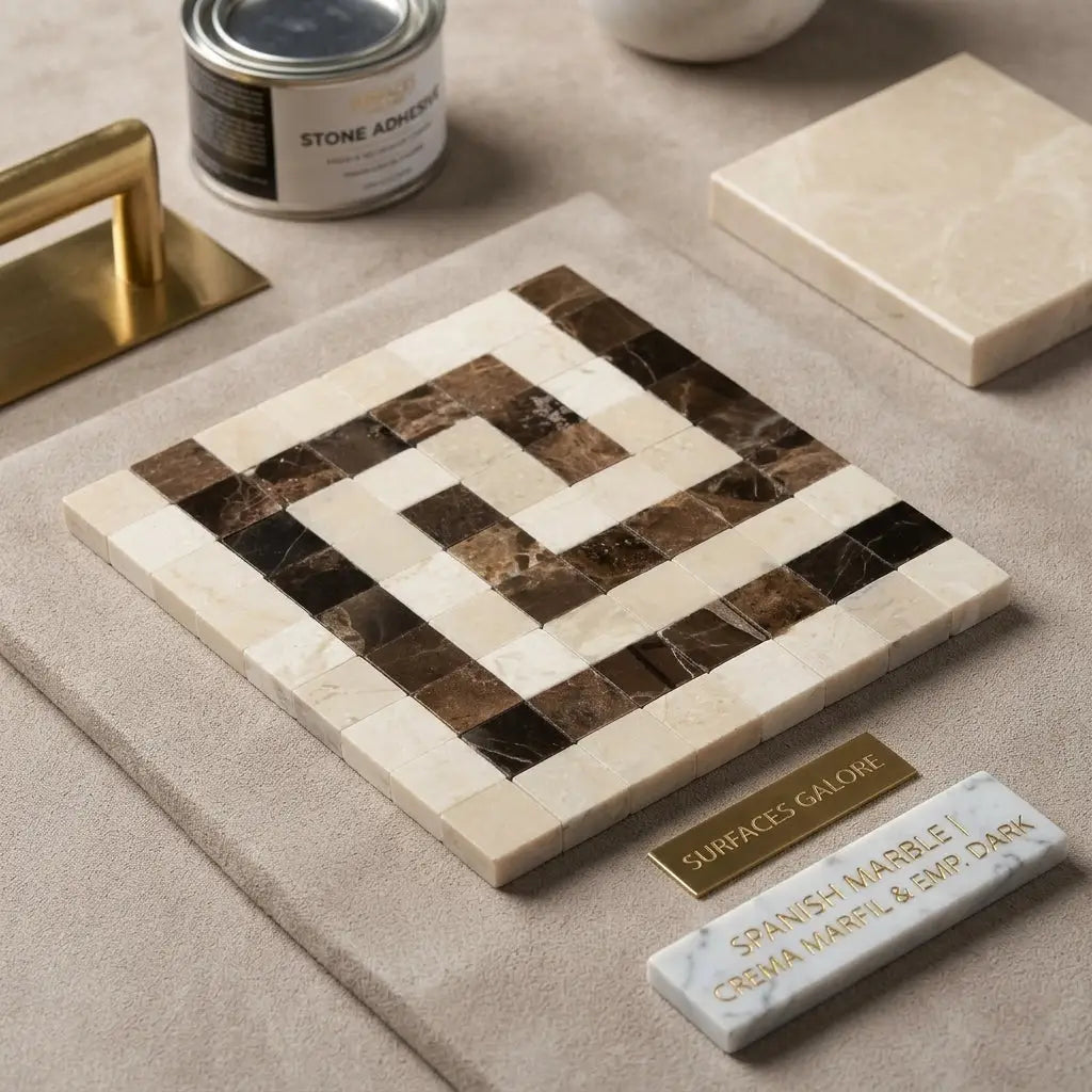 A square crema marfil marble mosaic tile panel with a polished greek key border in cream dark brown and black colors