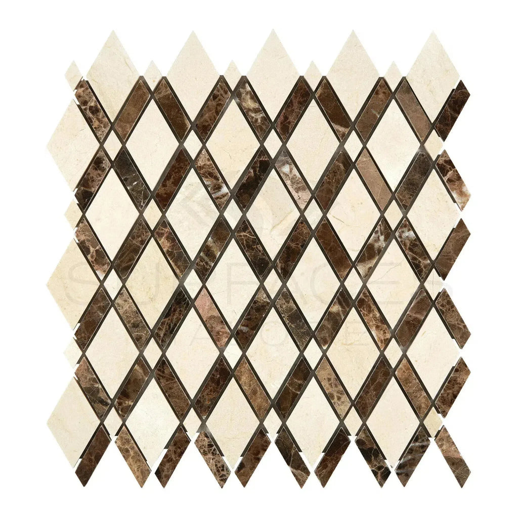 Diamond-patterned mosaic tile in Crema Marfil Marble Lattice design, polished or honed
