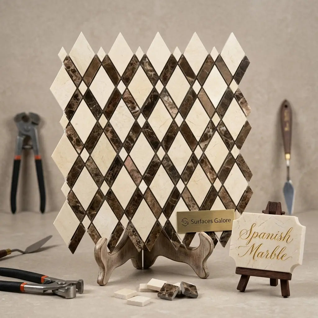 Crema marfil marble lattice diamond-patterned mosaic panel in cream and dark brown spanish marble on metallic stand