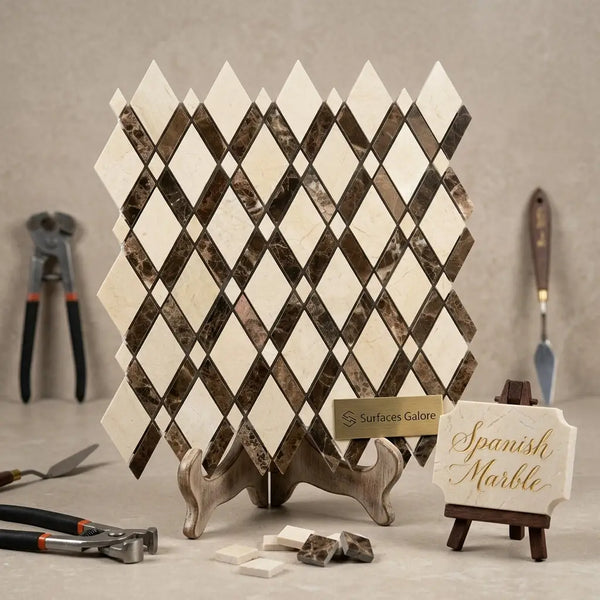 Crema marfil marble lattice diamond-patterned mosaic panel in cream and dark brown spanish marble on metallic stand