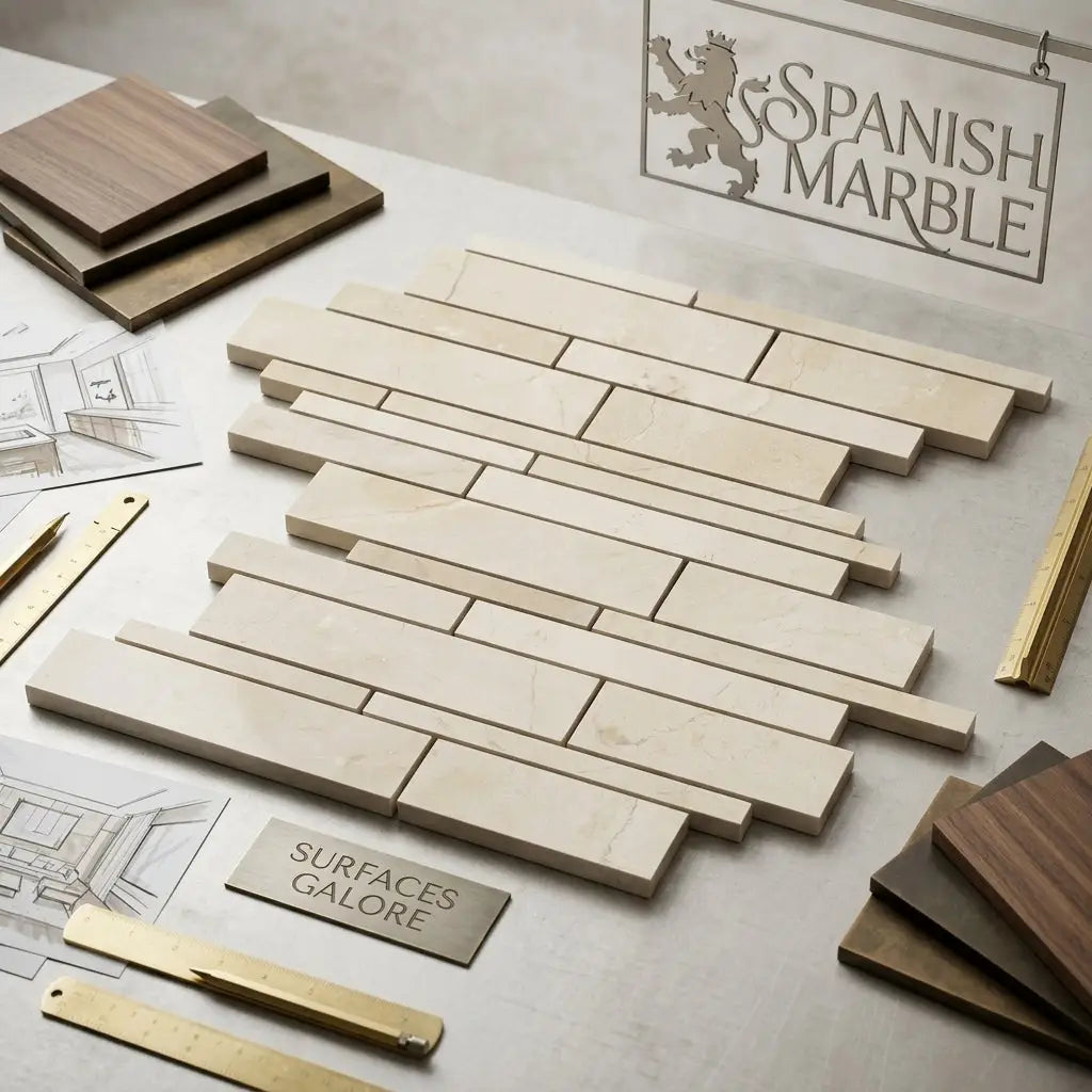 Beige crema marfil marble manhattan mosaic tile panel with subtle veining and staggered rectangular layout polished or honed