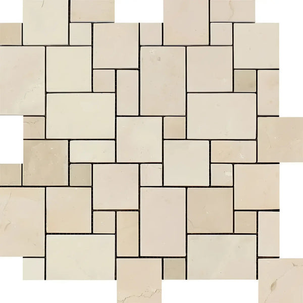 Beige Stone Tile Mosaic in Crema Marfil Marble Mini-Versailles Pattern Polished Finish