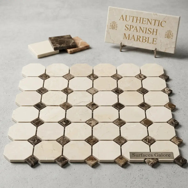 Beige and brown crema marfil marble octagon mosaic tile with dark dot accents in polished or honed finish