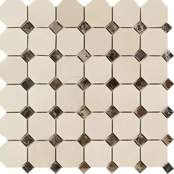 Crema Marfil Marble Octagon and Diamond Tile Mosaic with Dark Dots, Polished or Honed
