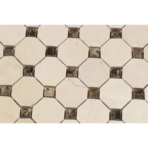 Crema Marfil Marble Octagon and Square Tile Pattern with Dark Dots Mosaic Design