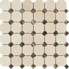 Crema Marfil Marble Octagon and Diamond Tile Mosaic with Dark Dots, Polished or Honed