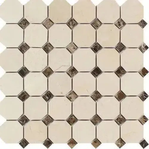 Crema Marfil Marble Octagon and Diamond Tile Mosaic with Dark Dots, Polished or Honed