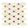Beige and brown mosaic tile in Crema Marfil Marble Octave with Emp. Dark Dots polished finish