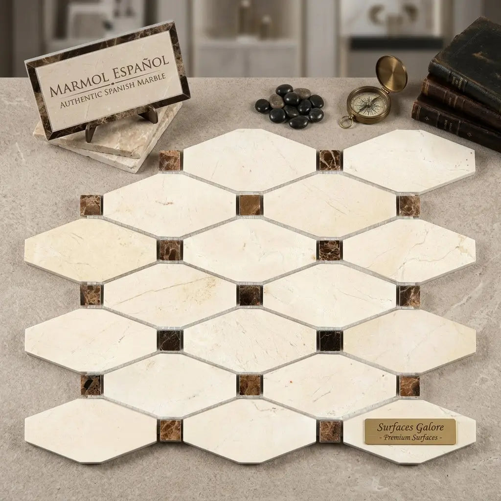 Beige and brown crema marfil marble mosaic tile with hexagonal pattern and dark dot accents polished or honed finish