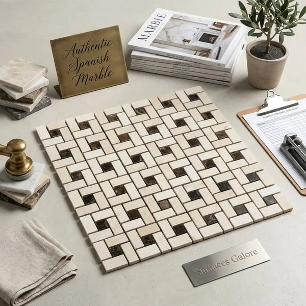 Crema marfil marble pinwheel mini mosaic tile in beige and dark brown with polished basketweave pattern and emp dark dots