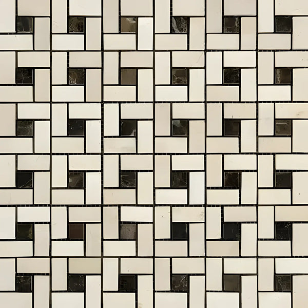 Intricate mosaic tile pattern of Crema Marfil Marble with Emp. Dark Dots design
