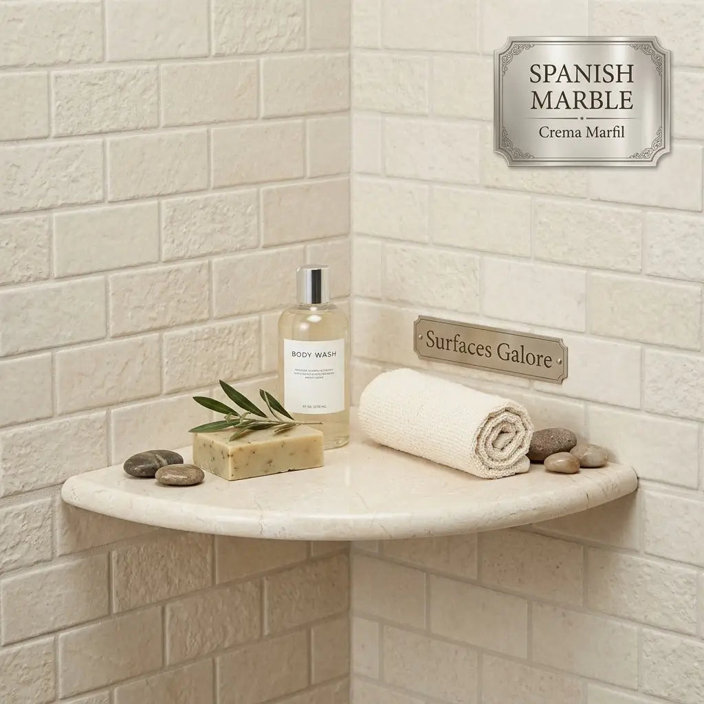 Crema marfil marble shower corner shelf in cream color with subtle veined texture and elegant curved edges