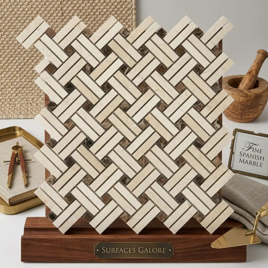 Beige and brown crema marfil marble stanza mosaic tile in a polished herringbone pattern with dark dots