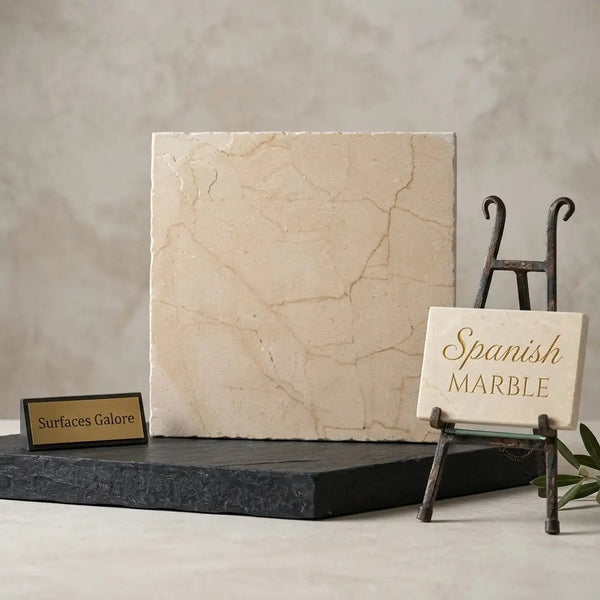 Cream-colored crema marfil rustic modern tumbled spanish marble slab with subtle veining and polished finish