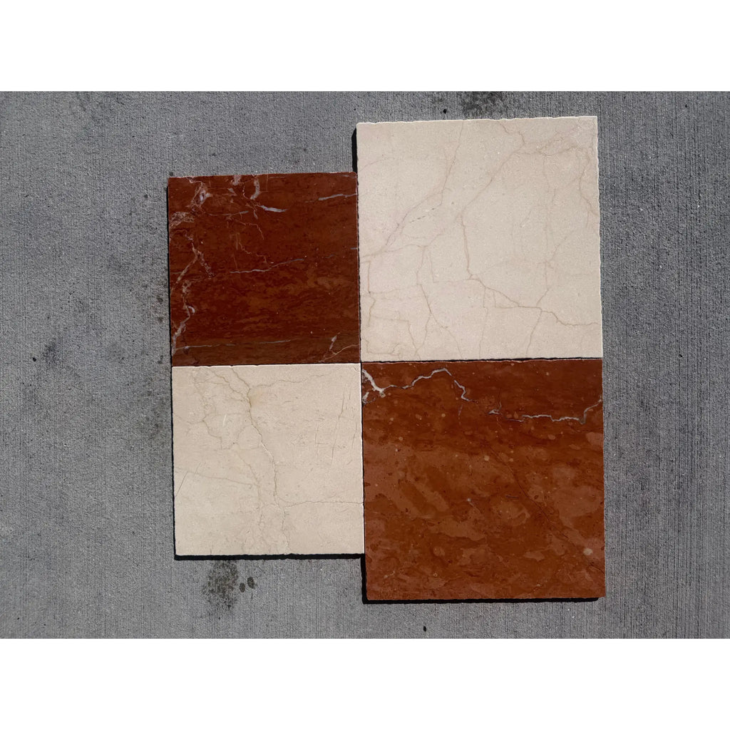 Crema Marrfil Rustic Modern Tumbled: 4 marble tiles in reddish-brown and off-white